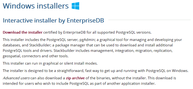 PostgreSQL initial download page